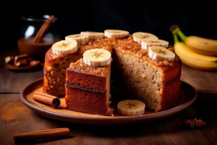 Bolo de banana com canela.